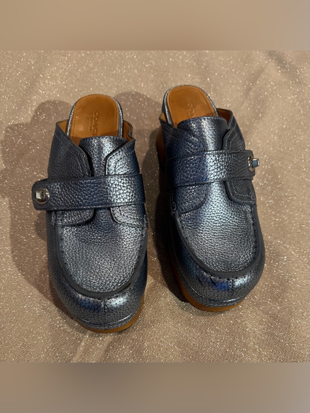 COACH Metallic Blue Slip-On Clogs
